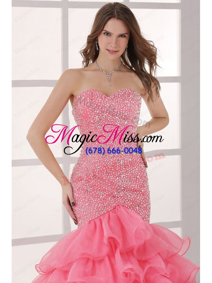 wholesale watermelon sweetheart mermaid beading and ruffles layered prom dress