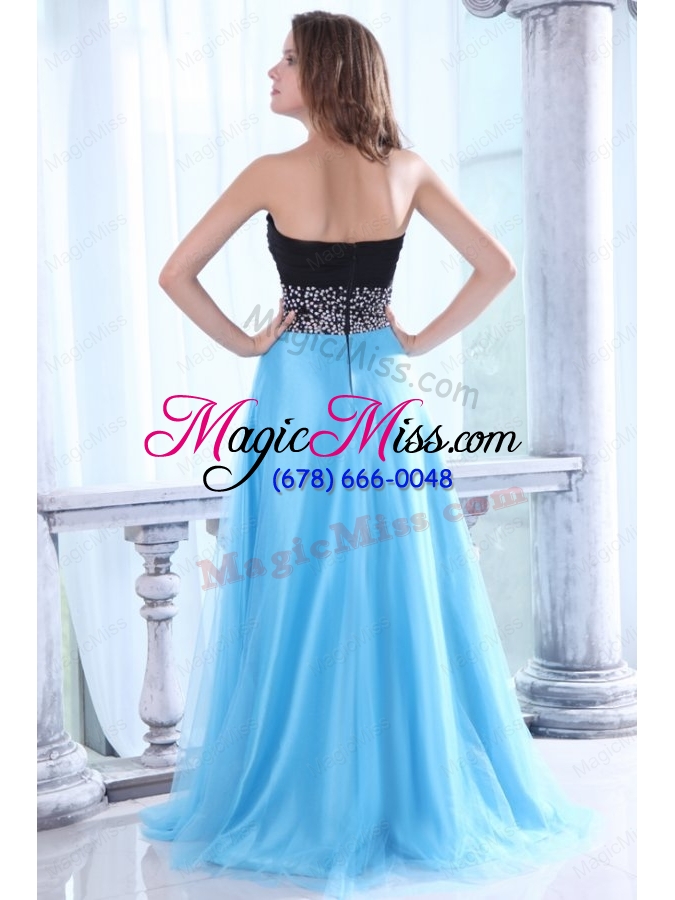 wholesale beaded decorate waist sweetheart black and aqua blue prom dress