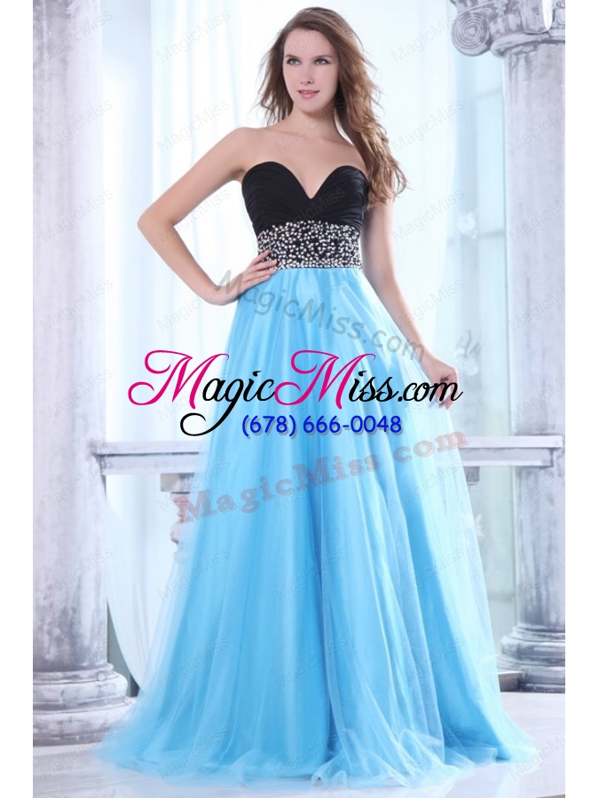 wholesale beaded decorate waist sweetheart black and aqua blue prom dress