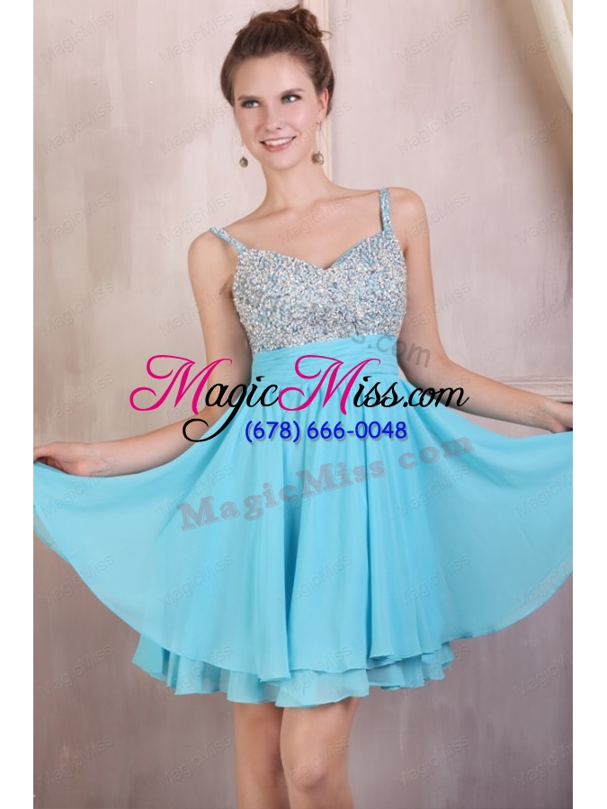 wholesale beaded decorate brust straps chiffon knee length aqua blue prom dress
