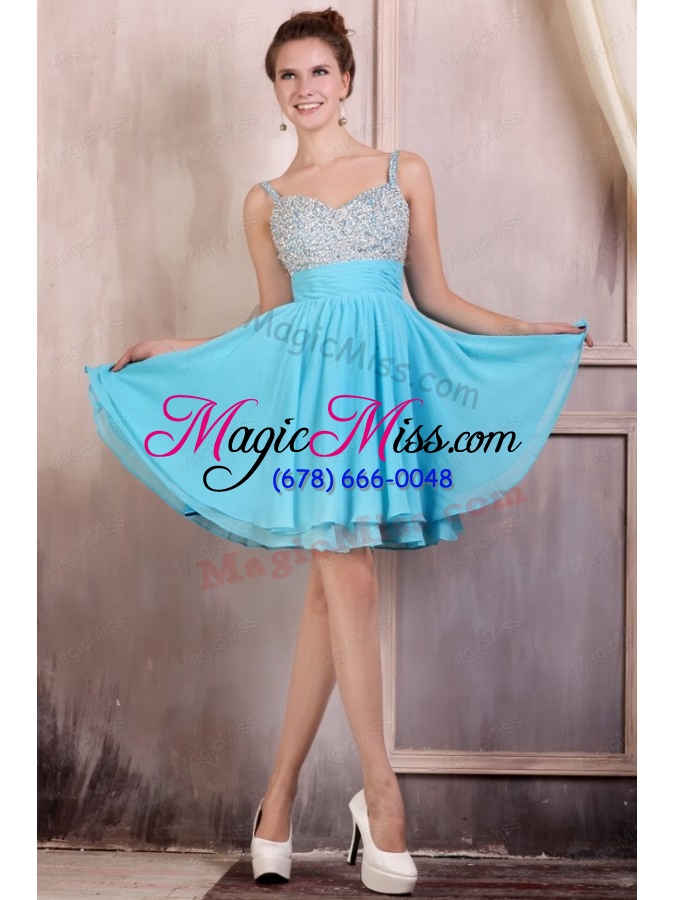 wholesale beaded decorate brust straps chiffon knee length aqua blue prom dress