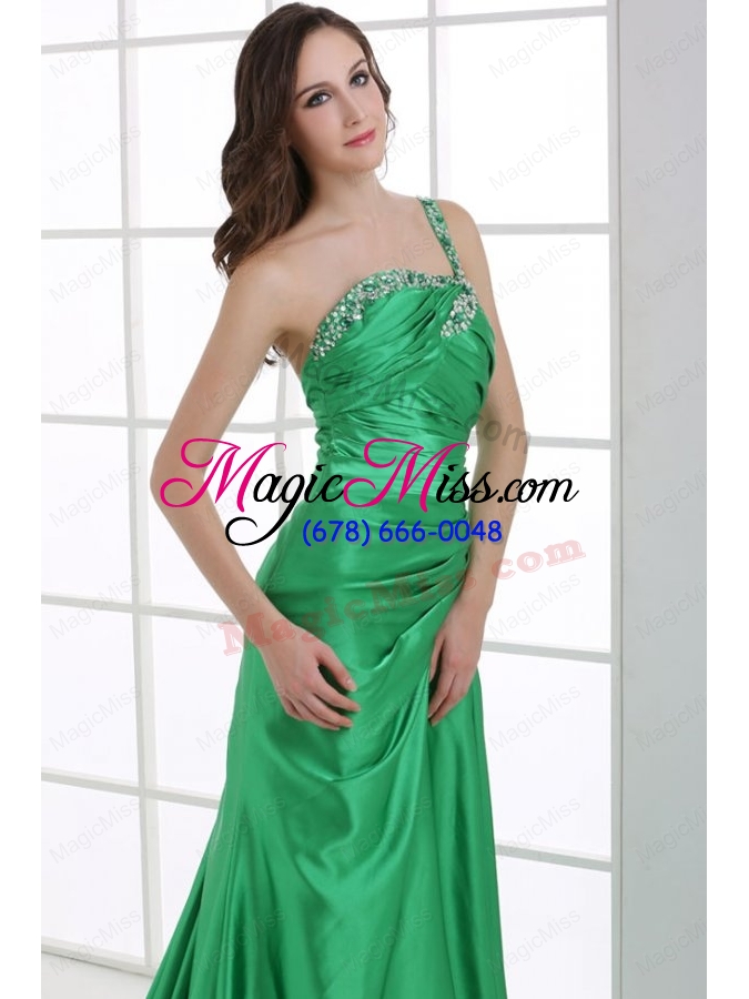 wholesale a line green one shoulder beading and ruching sweep train prom dress
