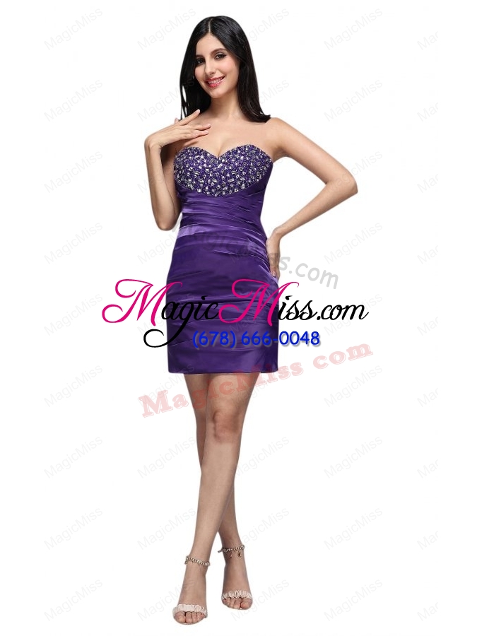 wholesale sweetheart mini length beaded decorate brust column purple prom dress