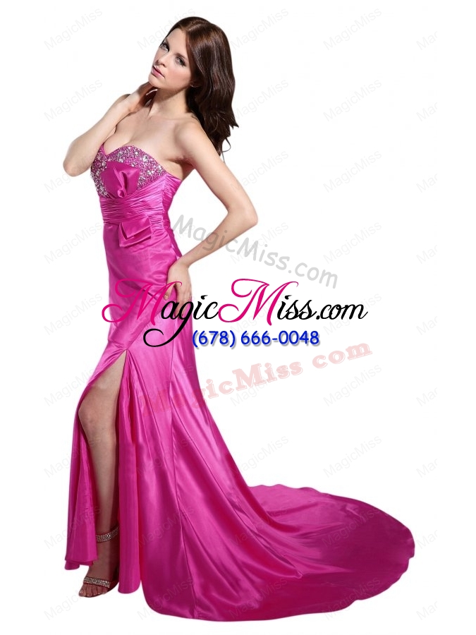 wholesale column sweetheart hot pink brush train prom dress with beading
