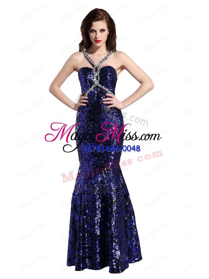 wholesale mermaid straps sequins beading floor length purple prom dress