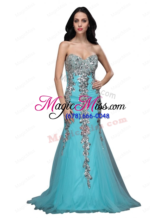wholesale mermaid sweetheart appliques light blue brush train prom dress