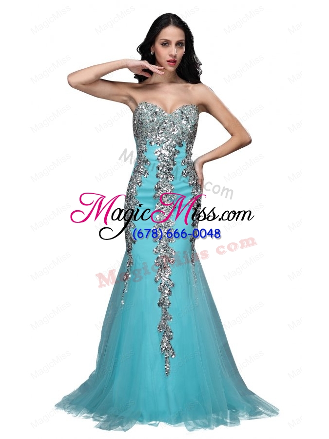 wholesale mermaid sweetheart appliques light blue brush train prom dress
