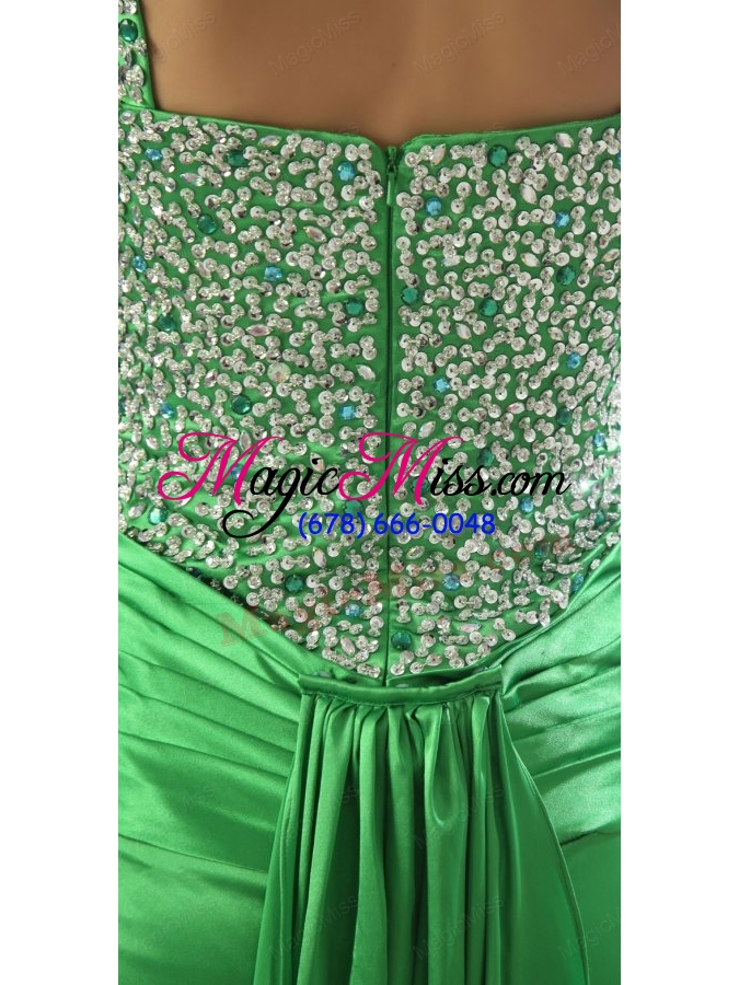wholesale spring green straps column elastic woven satin brush train beading prom dress