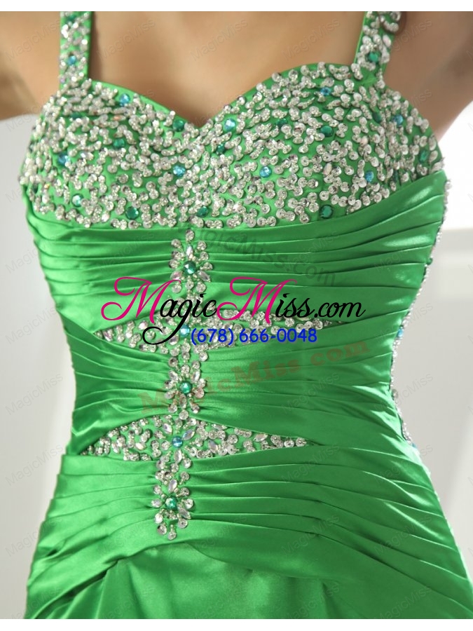 wholesale spring green straps column elastic woven satin brush train beading prom dress