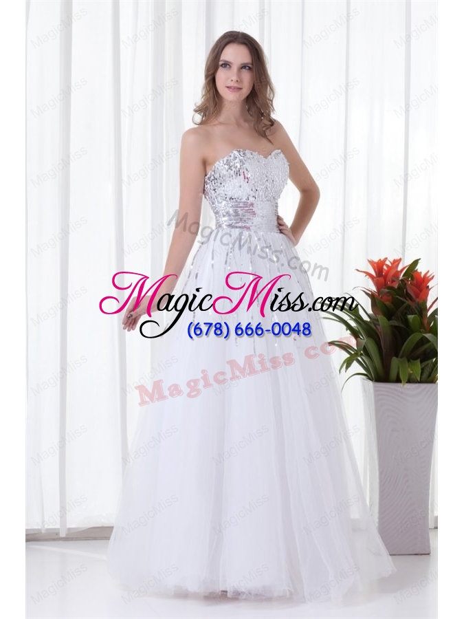 wholesale elegant white sweetheart tulle floor length paillette  prom dress