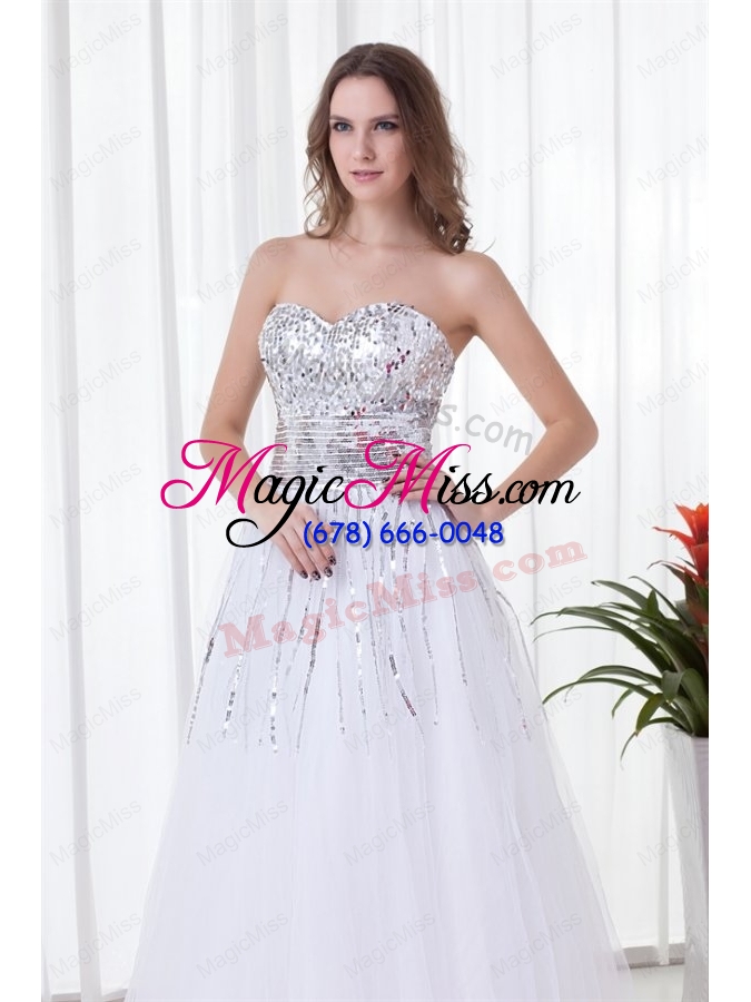 wholesale elegant white sweetheart tulle floor length paillette  prom dress