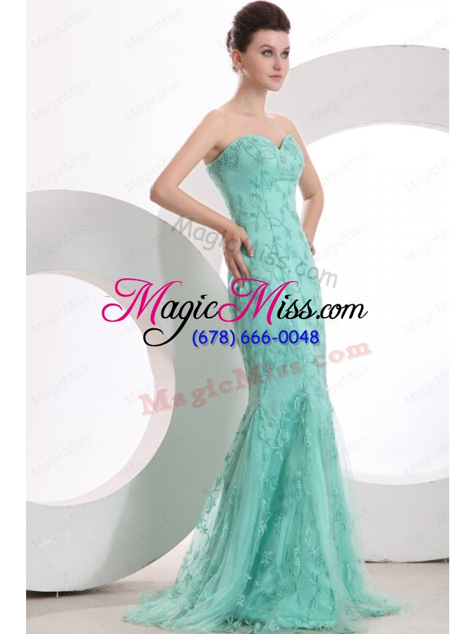 wholesale sexy mermaid sweetheart apple green embroidery bridesmaid dresses with tulle brush train