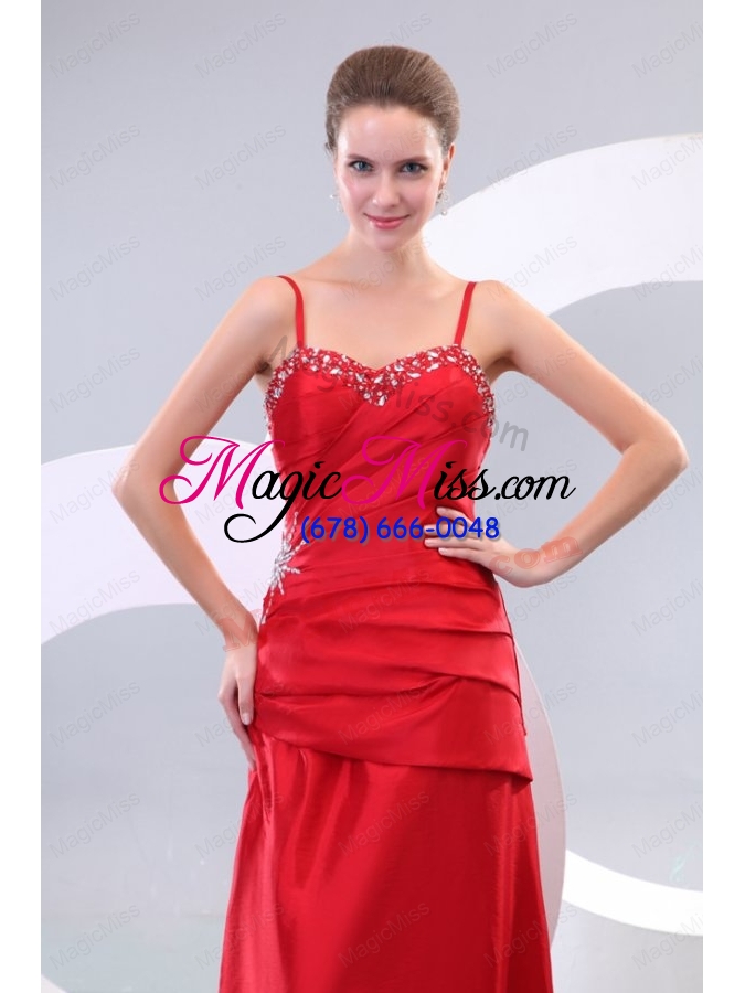 wholesale inexpensive column straps beading and ruching bridesmaid dress in red