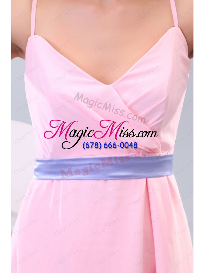wholesale baby pink spaghetti straps high low bridesmaid dress with lavender sash