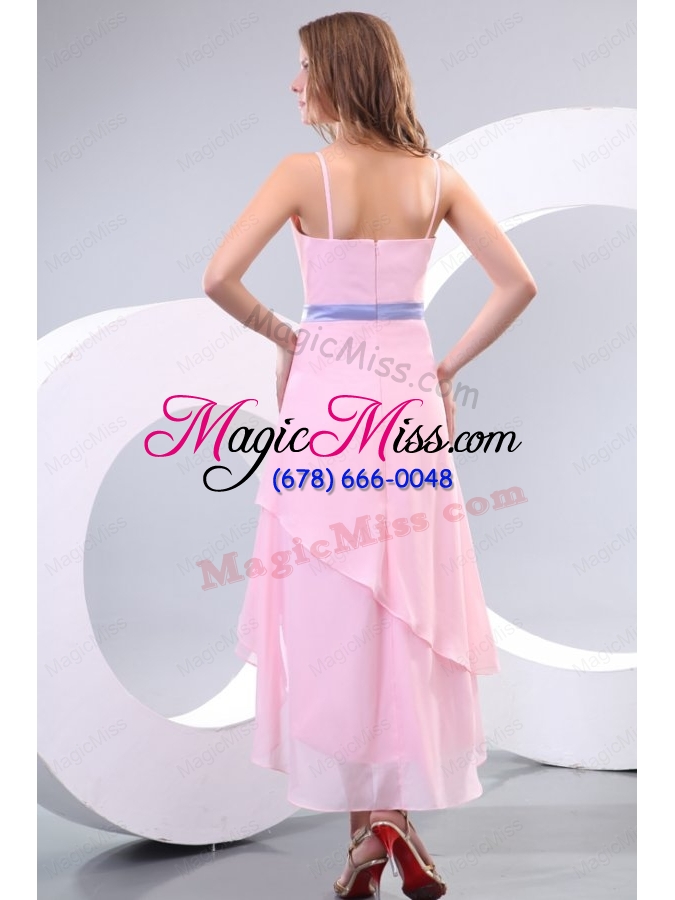 wholesale baby pink spaghetti straps high low bridesmaid dress with lavender sash