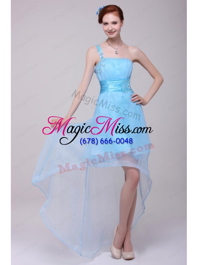 wholesale light blue one shoulder high low beaded decorate bridesmaid dresses