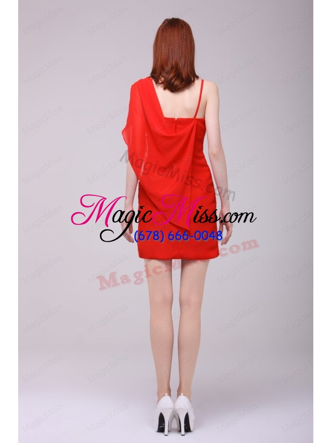 wholesale column red asymmetrical mini length beading bridesmaid dress with chiffon