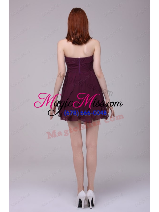wholesale drak purple strapless hand made flower short bridesmaid dress
