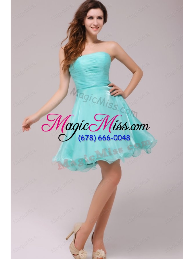 wholesale a line strapless aqua blue organza ruching bridesmaid dress