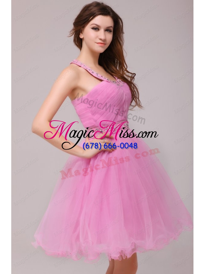 wholesale rose pink halter top beading and ruching bridesmaid dresses