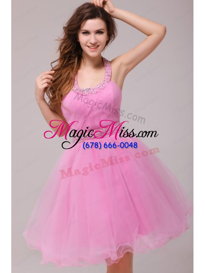 wholesale rose pink halter top beading and ruching bridesmaid dresses