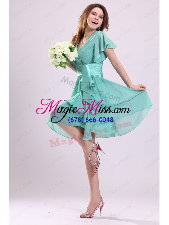 wholesale apple green v neck chiffon bridesmaid dress with short sleeves