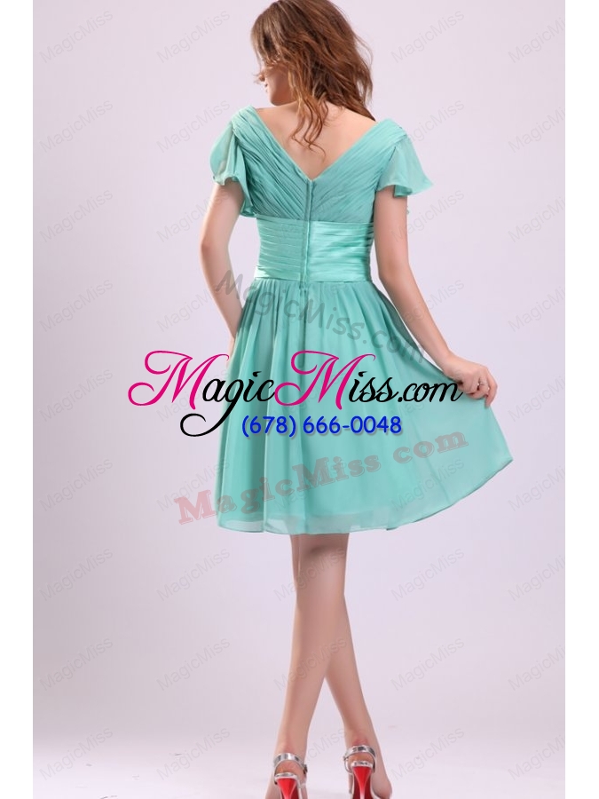 wholesale apple green v neck chiffon bridesmaid dress with short sleeves