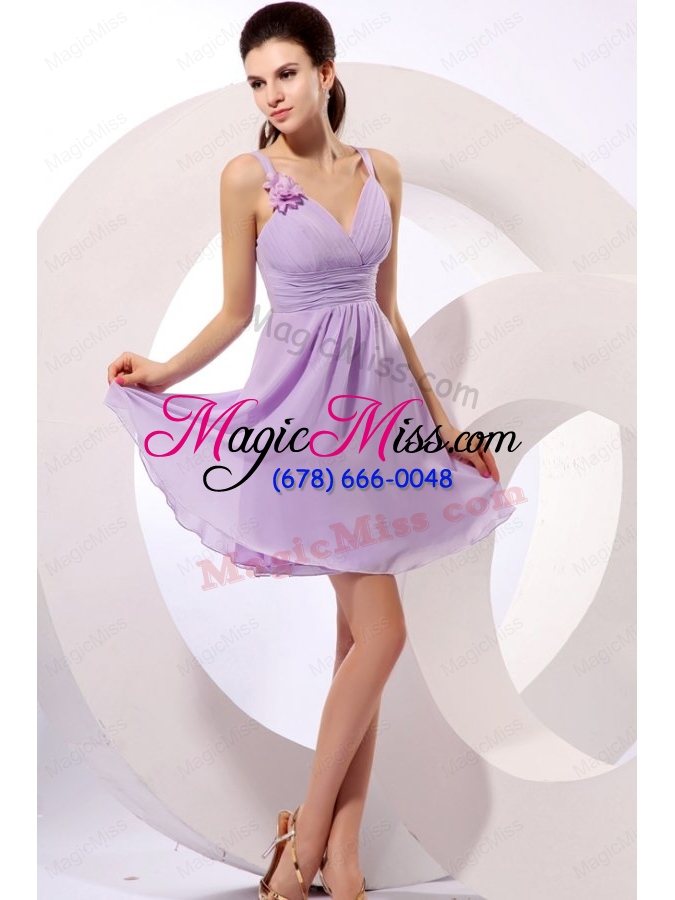 wholesale simple lilac chiffon straps bridesmaid dress with mini length