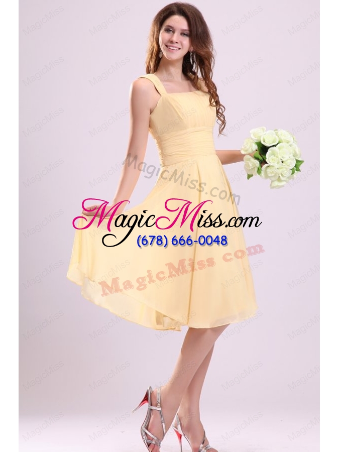 wholesale simple yellow a line straps tea length bridesmaid dress