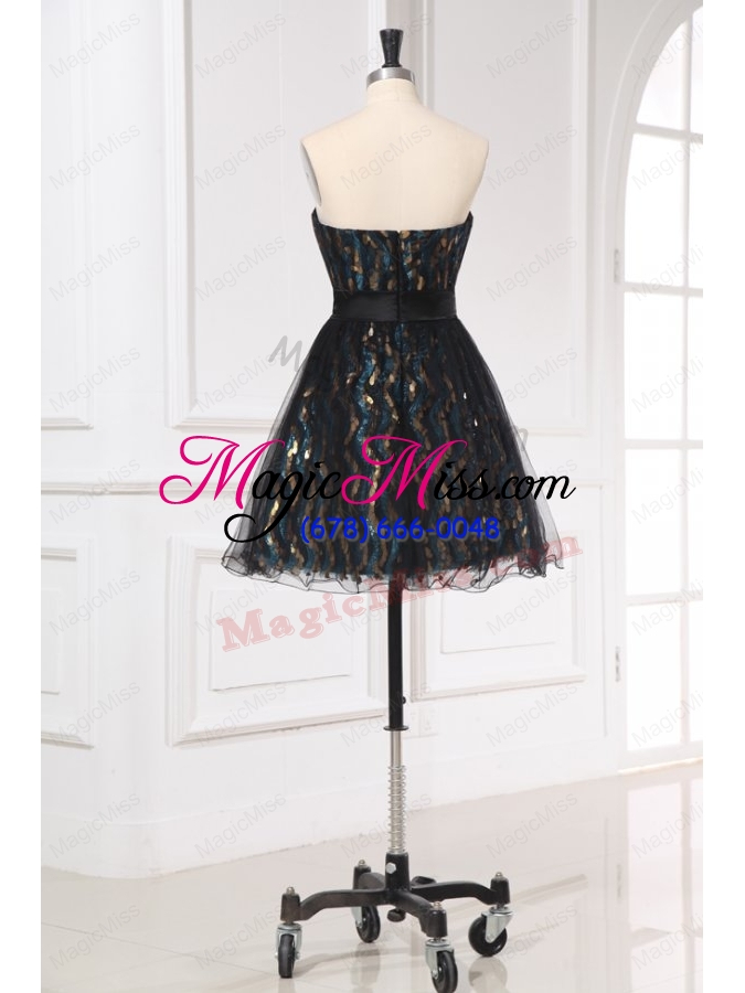 wholesale black mini length short bridesmaid dress with flowers belt