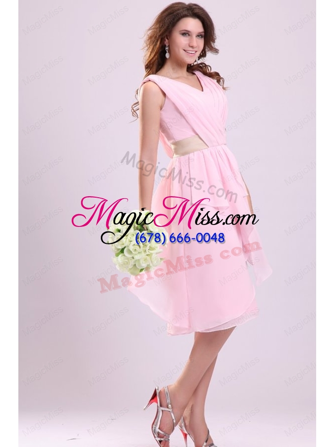wholesale baby pink empire v neck chiffon bridesmaid dress with ruching