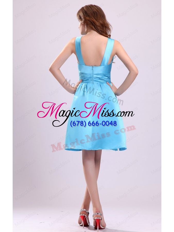wholesale a line straps short aqua blue bridesmaid dress with ruching