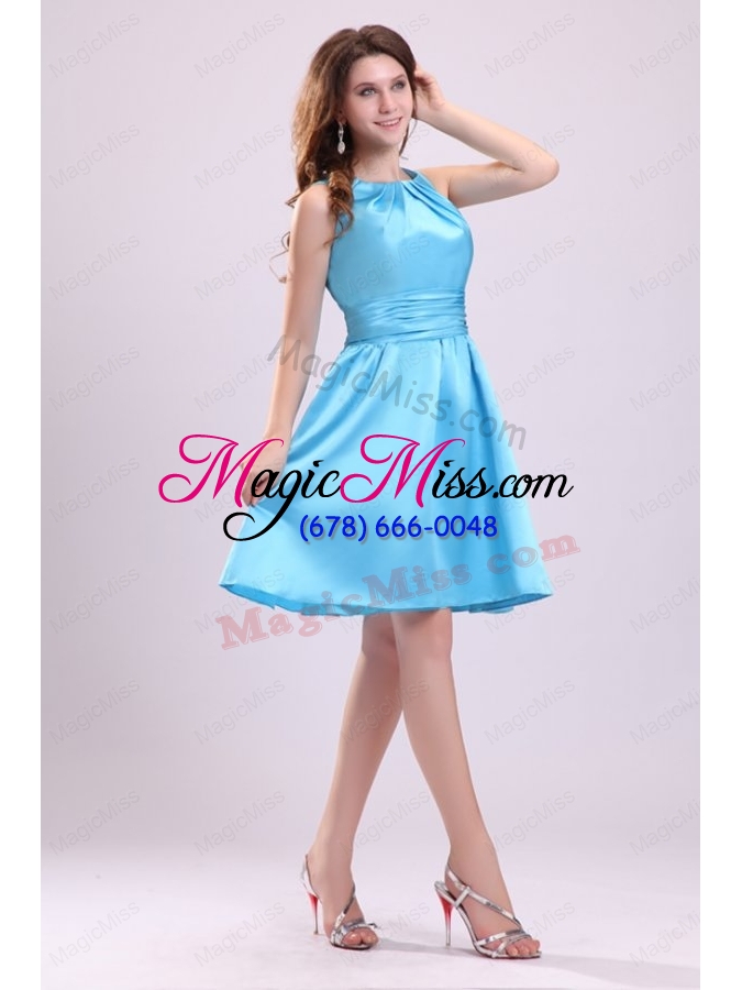 wholesale a line straps short aqua blue bridesmaid dress with ruching