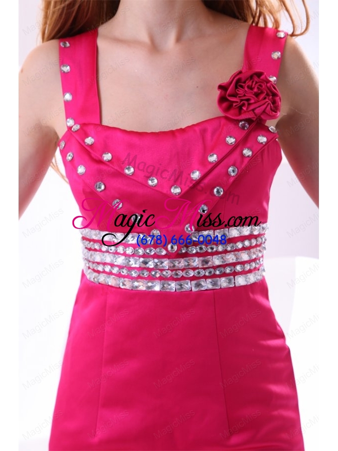 wholesale 2015 column square hot pink mini length beading taffeta bridesmaid dress