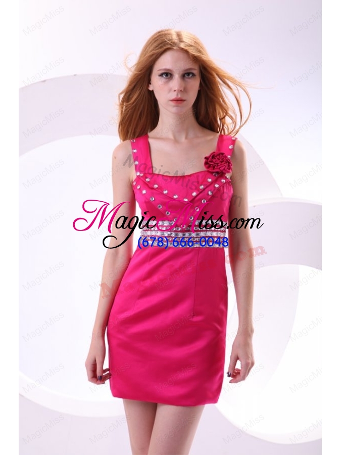 wholesale 2015 column square hot pink mini length beading taffeta bridesmaid dress