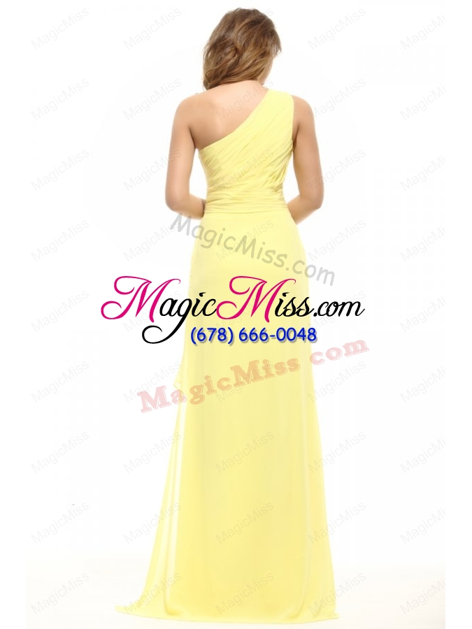 wholesale column one shoulder light yellow appliques ruching bridesmaid dress