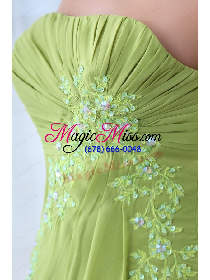 wholesale empire strapless spring green appliques and ruching bridesmaid dress