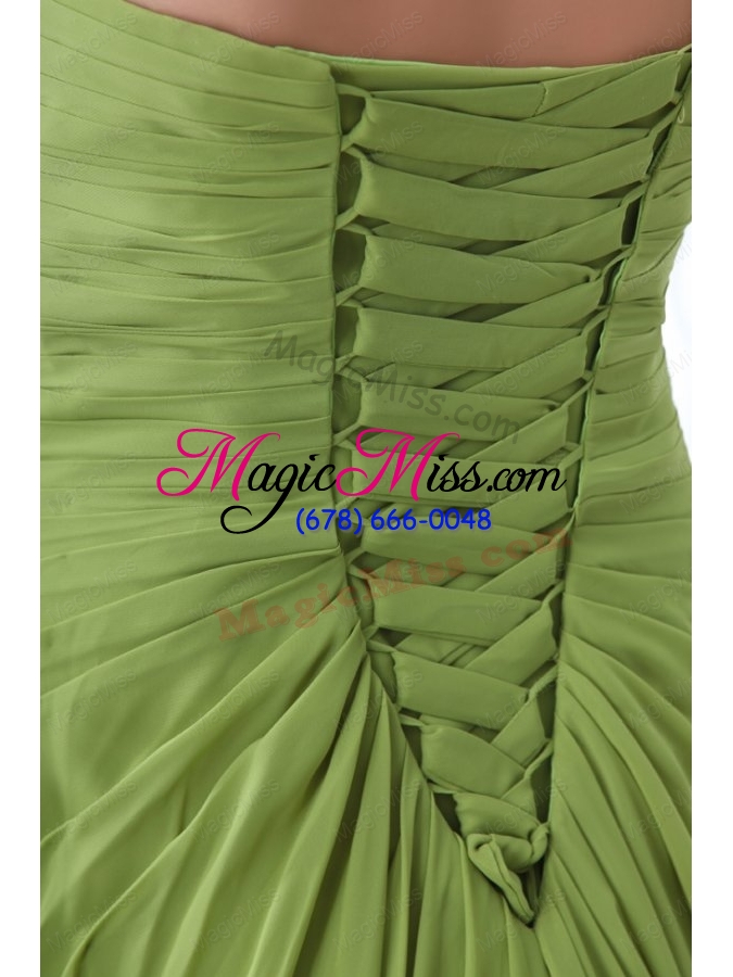 wholesale empire strapless spring green appliques and ruching bridesmaid dress
