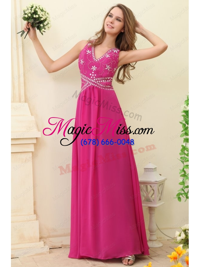 wholesale empire hot pink v neck beading chiffon bridesmaid dress