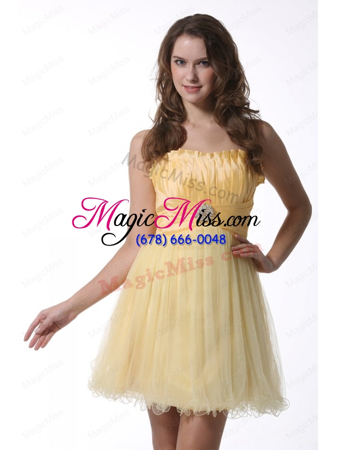 wholesale a line light yellow strapless bridesmaid dress with ruching mini length