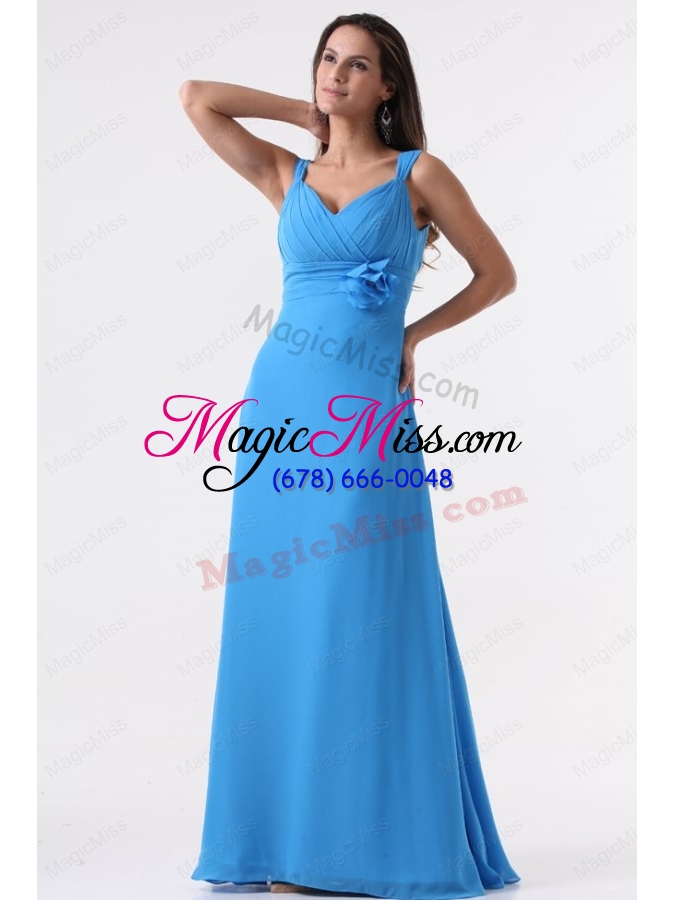 wholesale simple blue straps ruching hand made flower chiffon bridesmaid dress