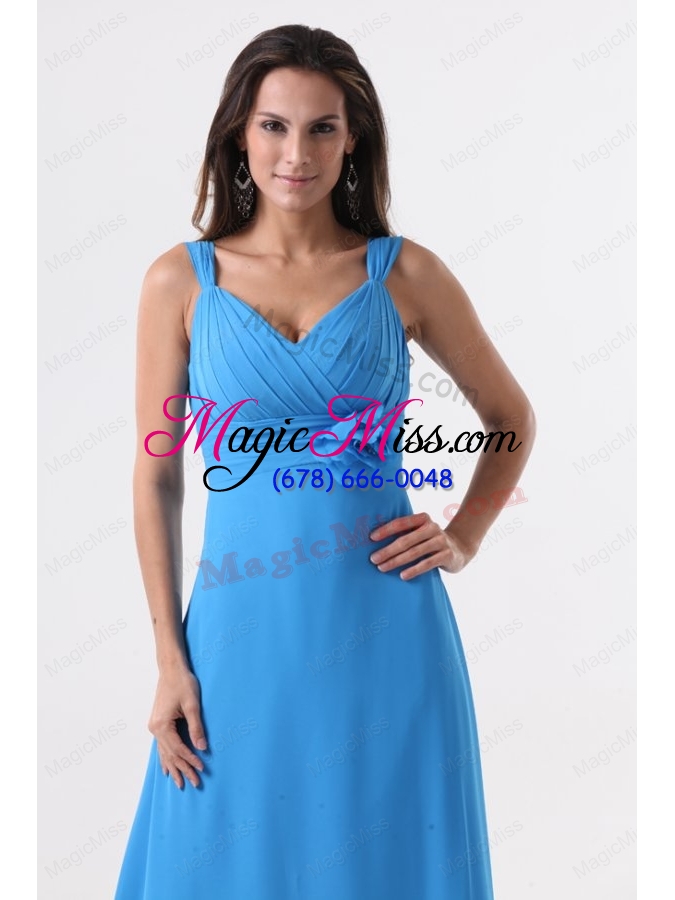 wholesale simple blue straps ruching hand made flower chiffon bridesmaid dress