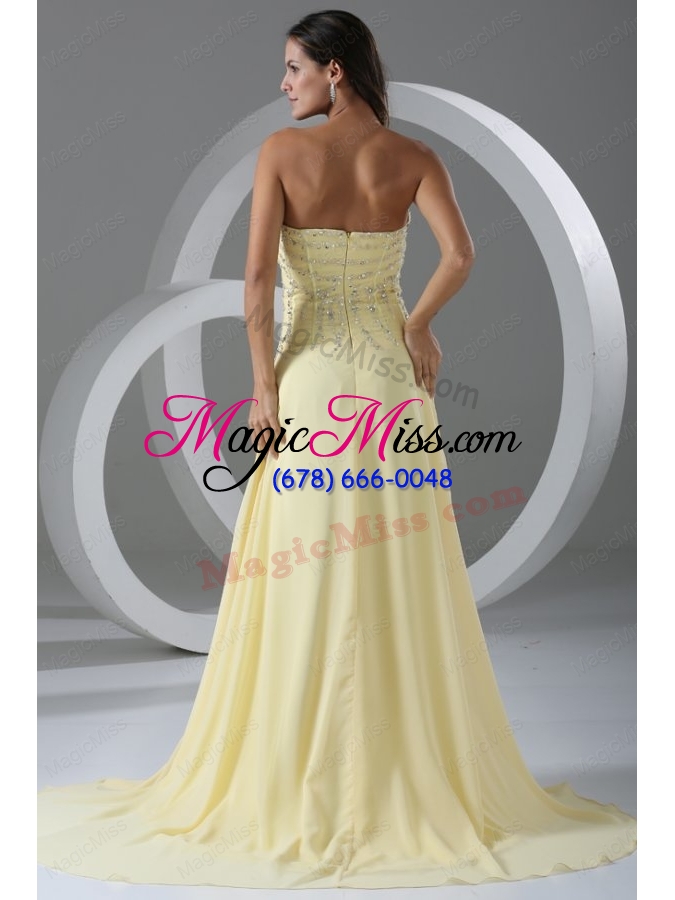 wholesale sweep train high slit light yellow bridesmaid dresses with beading