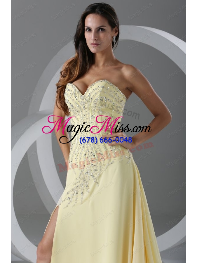 wholesale sweep train high slit light yellow bridesmaid dresses with beading