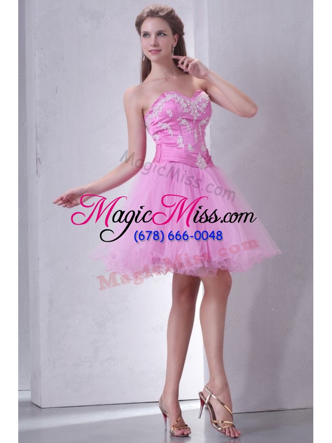 wholesale sweetheart rose pink organza mini length bridesmaid dress with appliques