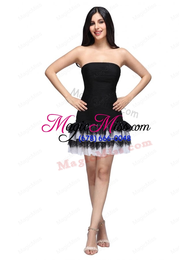 wholesale column black strapless ruching ruffled layers min length bridesmaid dress