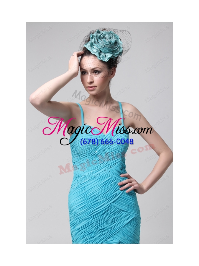 wholesale blue straps column side zippe knee length ruching bridesmaid dress