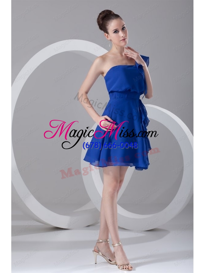 wholesale a line one shoulder blue chiffon mini length ruching bridesmaid dress