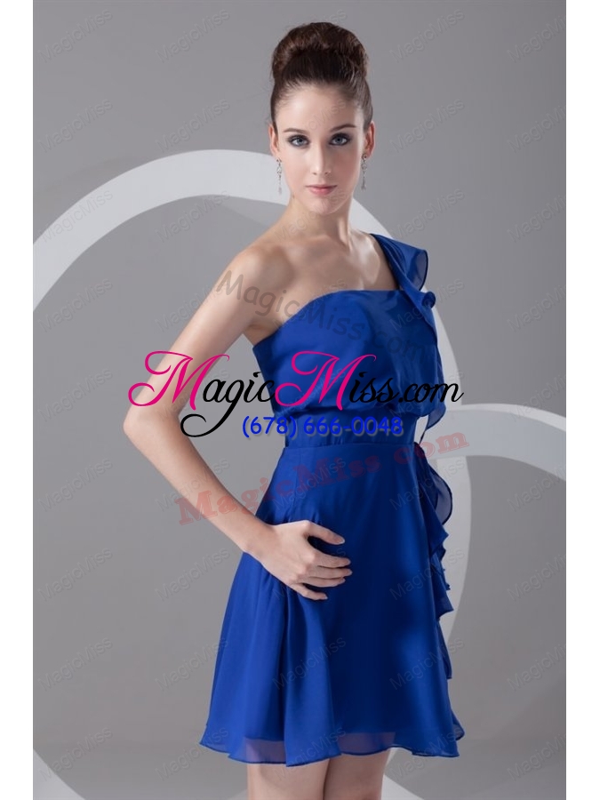 wholesale a line one shoulder blue chiffon mini length ruching bridesmaid dress