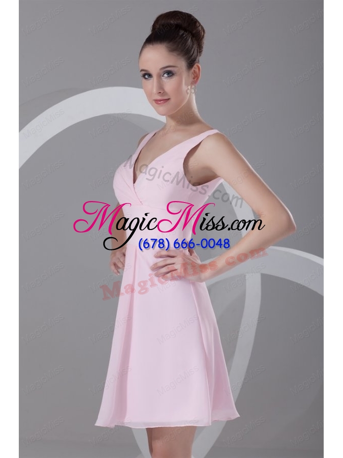 wholesale pink a line v neck mini length ruching chiffon bridesmaid dress